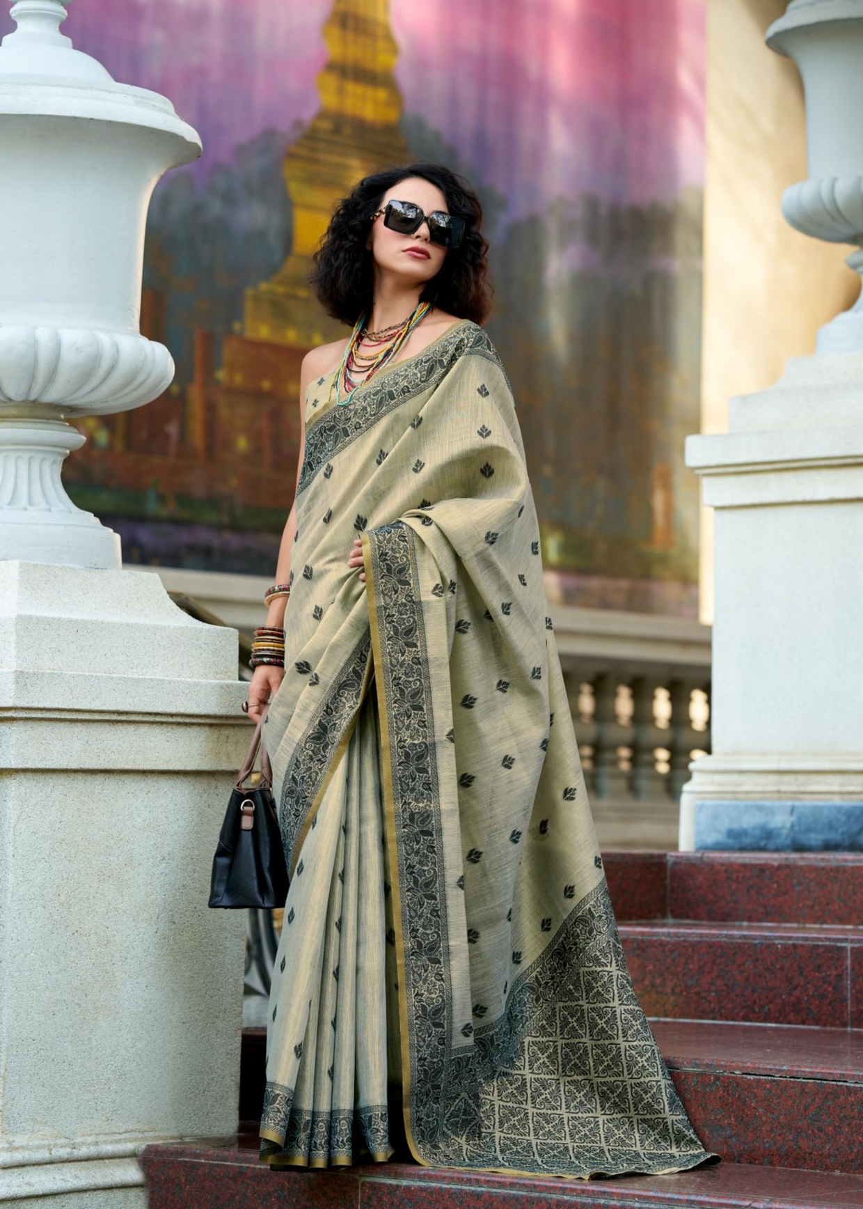 Black Cat Grey Pure Linen Tissue Silk Woven Saree