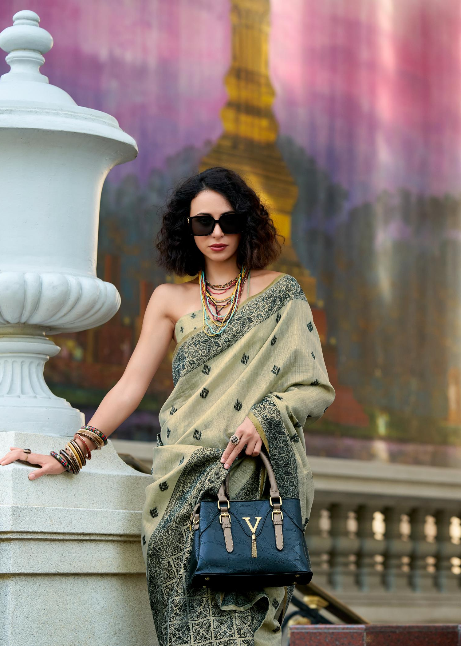 Black Cat Grey Pure Linen Tissue Silk Woven Saree