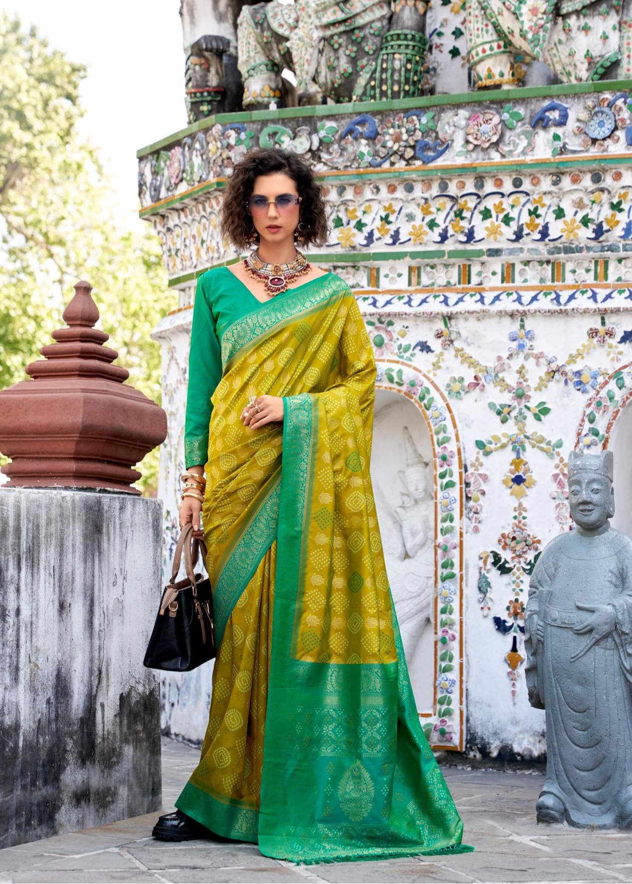 Arohi Mehndi Soft Banarasi Silk Bandhani Weaving Saree
