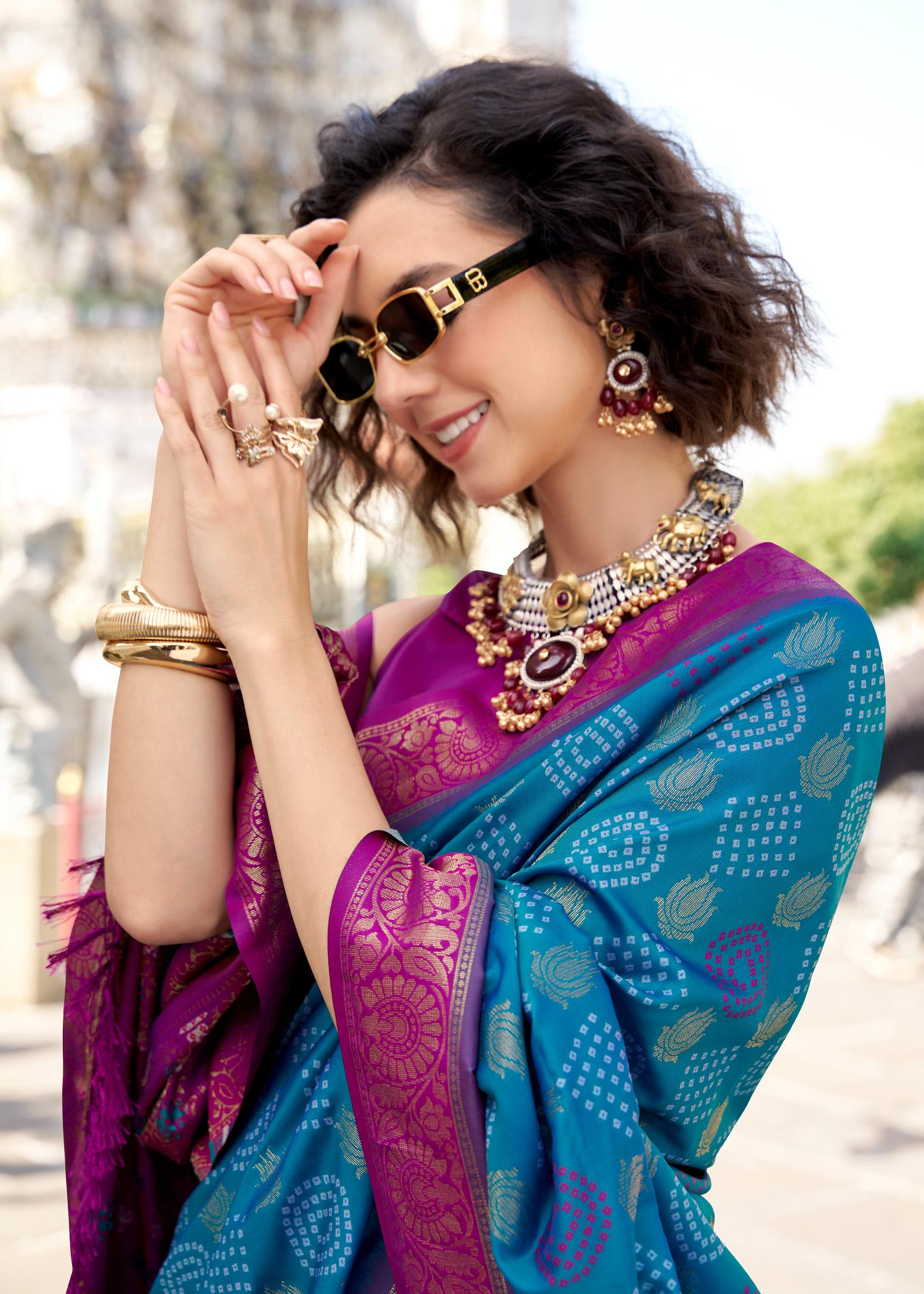 Arohi Teal Soft Banarasi Silk Bandhani Weaving Saree