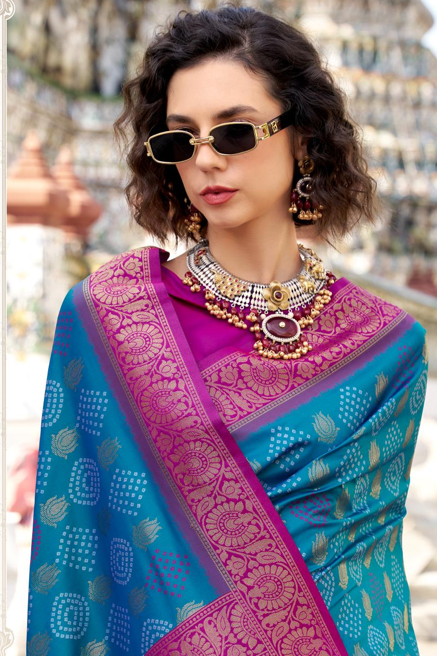 Arohi Teal Soft Banarasi Silk Bandhani Weaving Saree