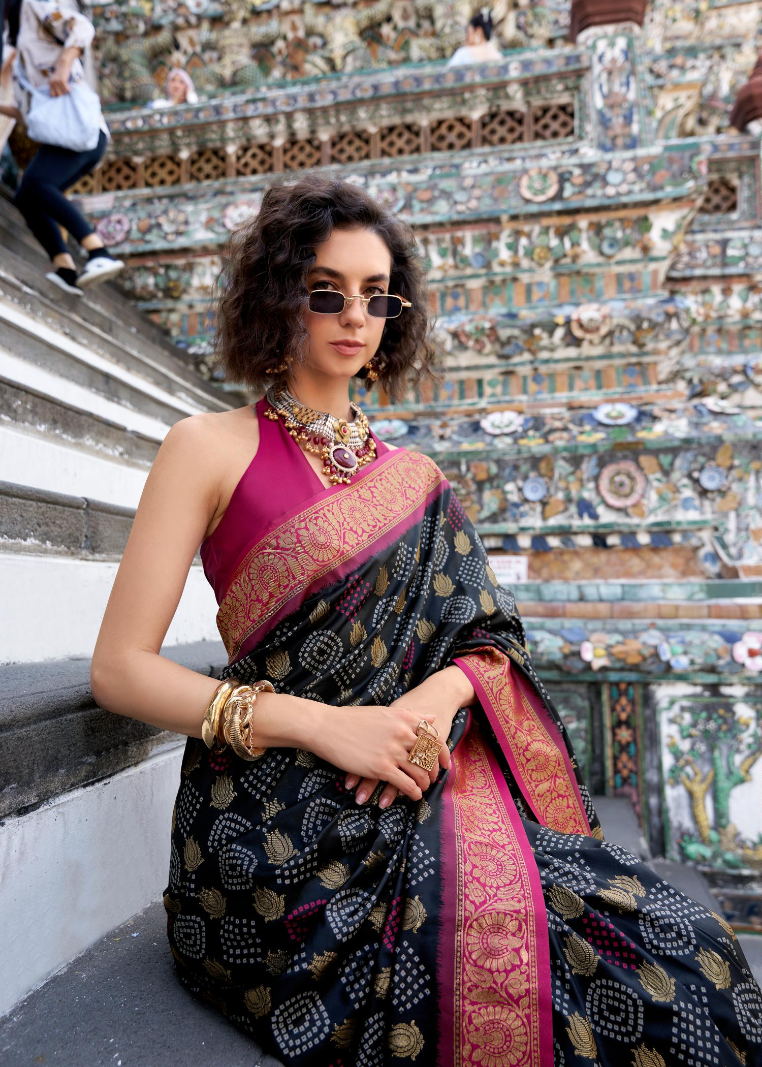 Arohi Black Soft Banarasi Silk Bandhani Weaving Saree