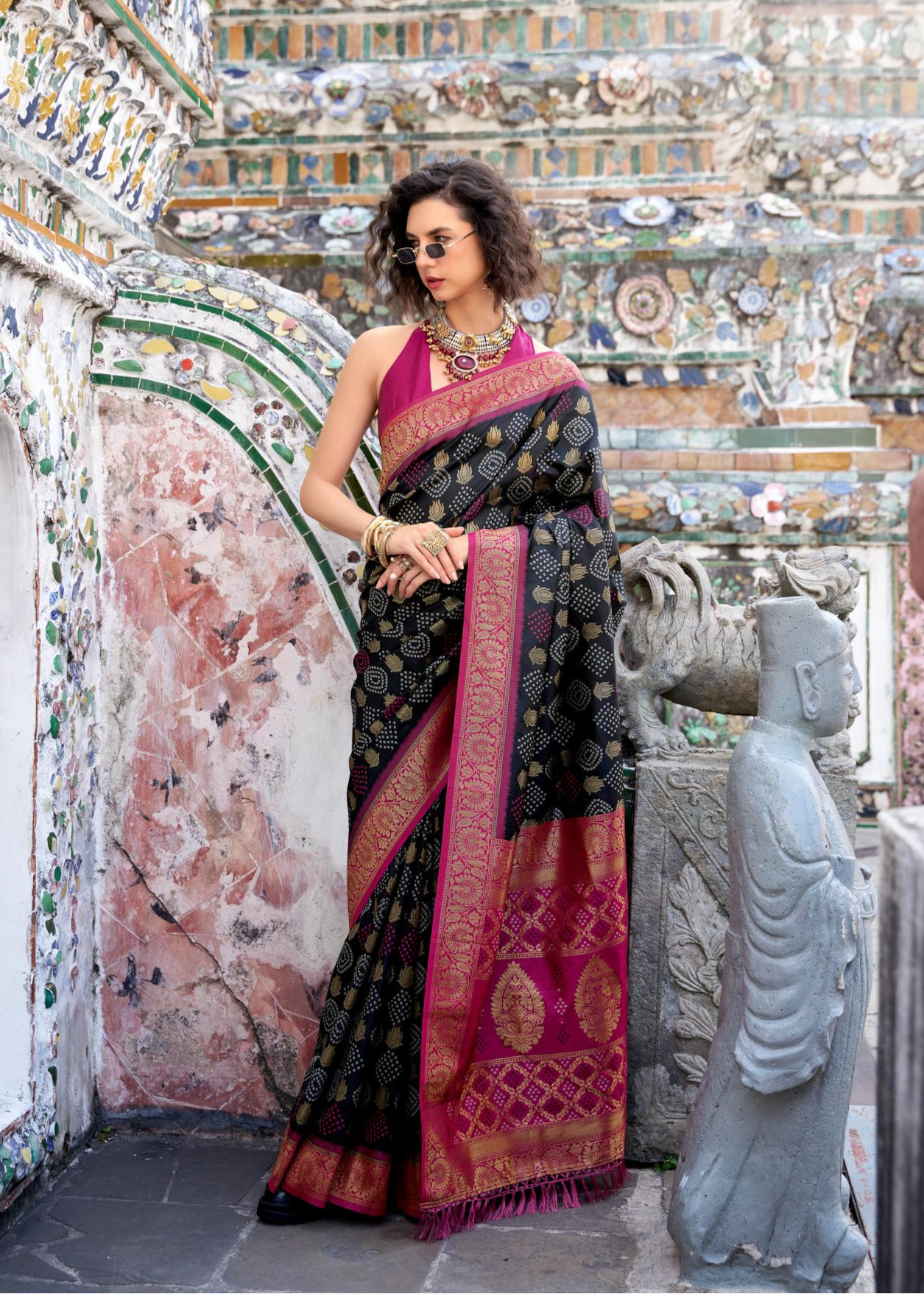 Arohi Black Soft Banarasi Silk Bandhani Weaving Saree