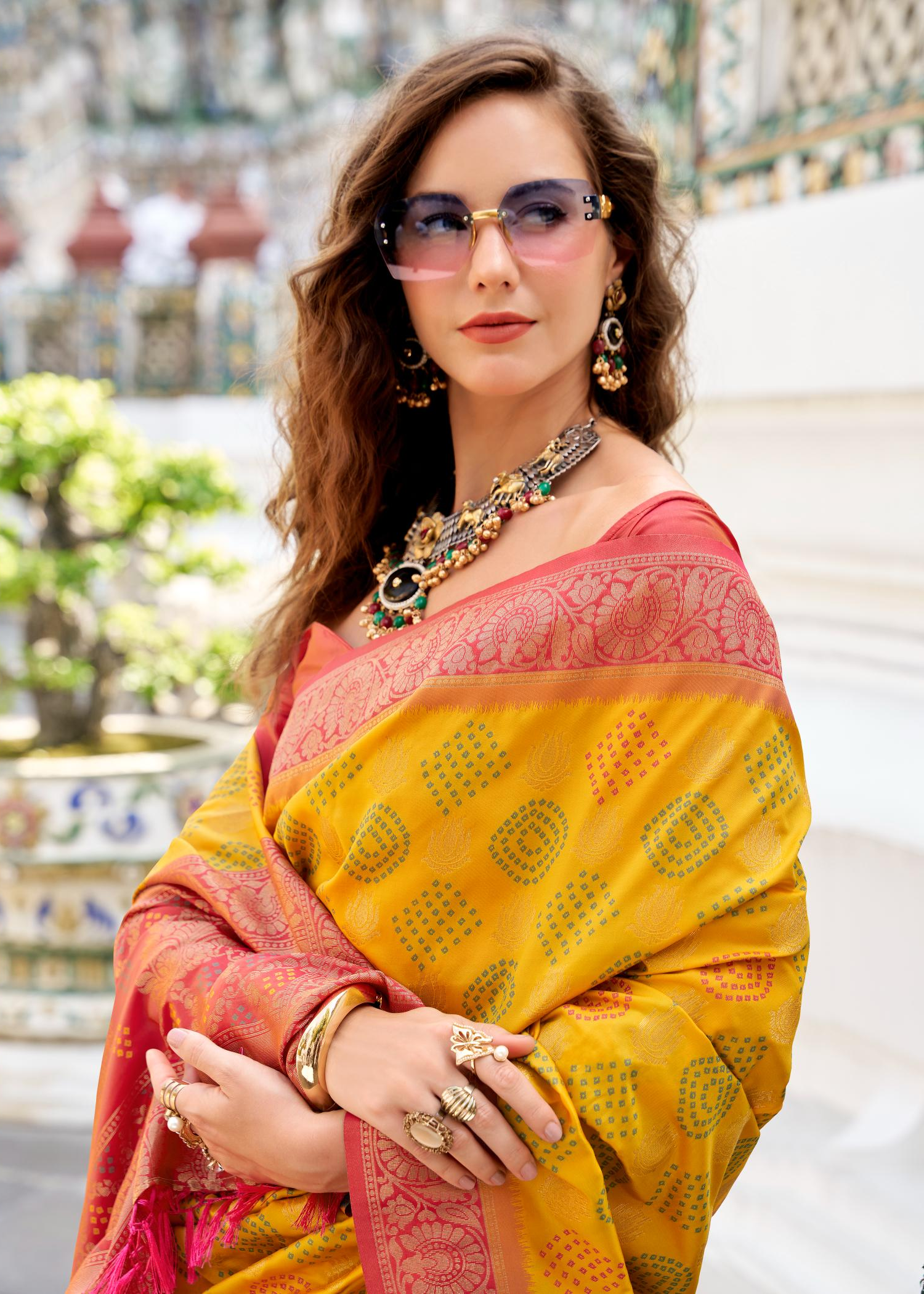 Arohi Yellow Soft Banarasi Silk Bandhani Weaving Saree