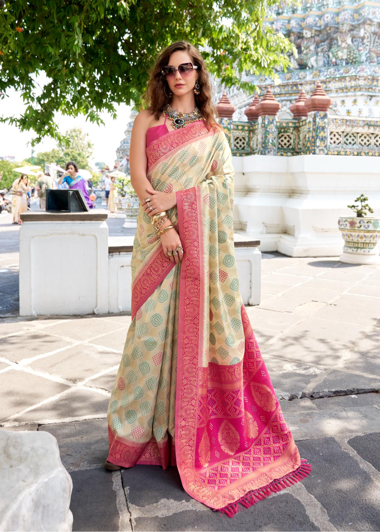 Arohi Cream Soft Banarasi Silk Bandhani Weaving Saree