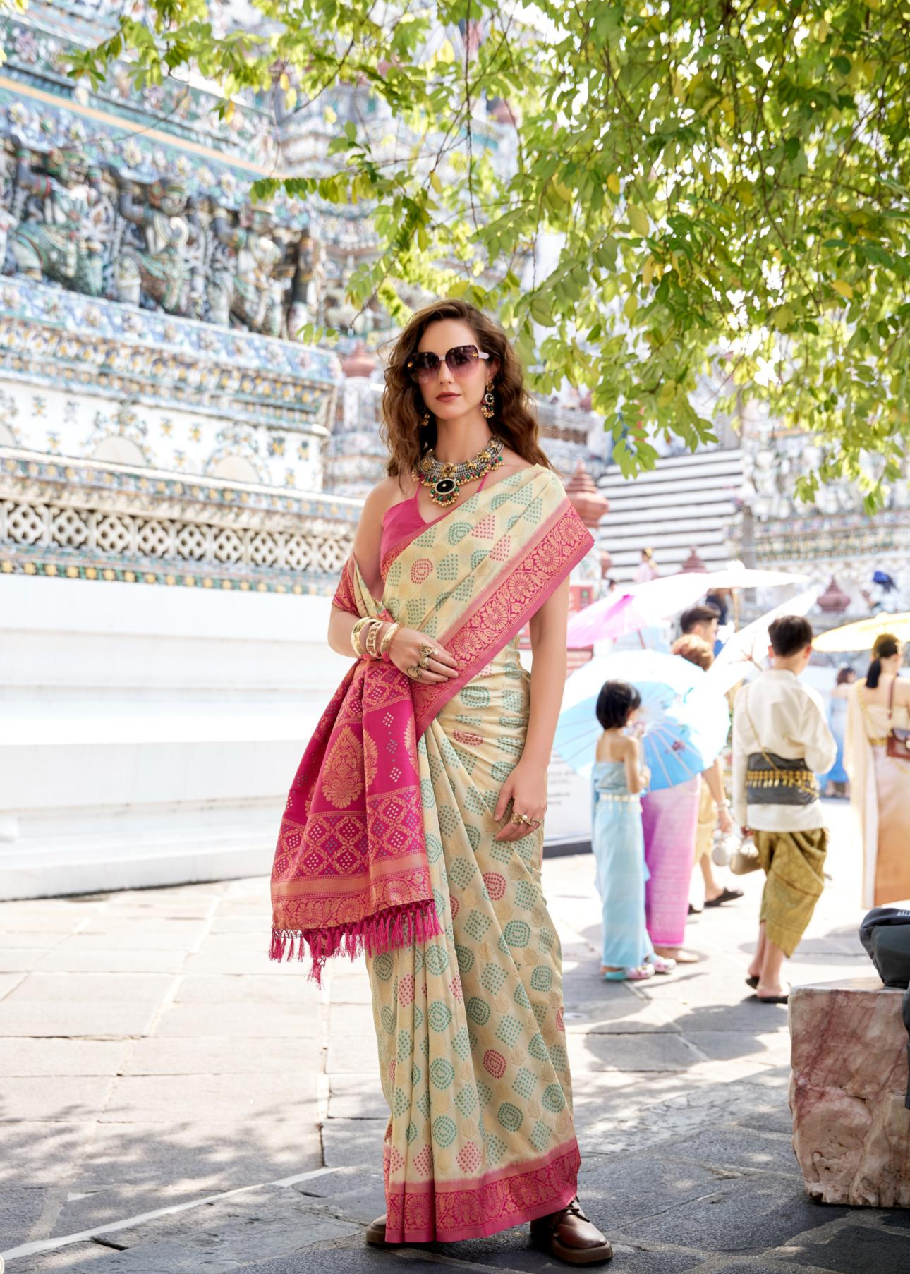 Arohi Cream Soft Banarasi Silk Bandhani Weaving Saree