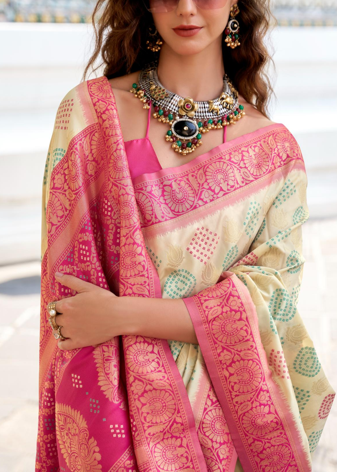 Arohi Cream Soft Banarasi Silk Bandhani Weaving Saree