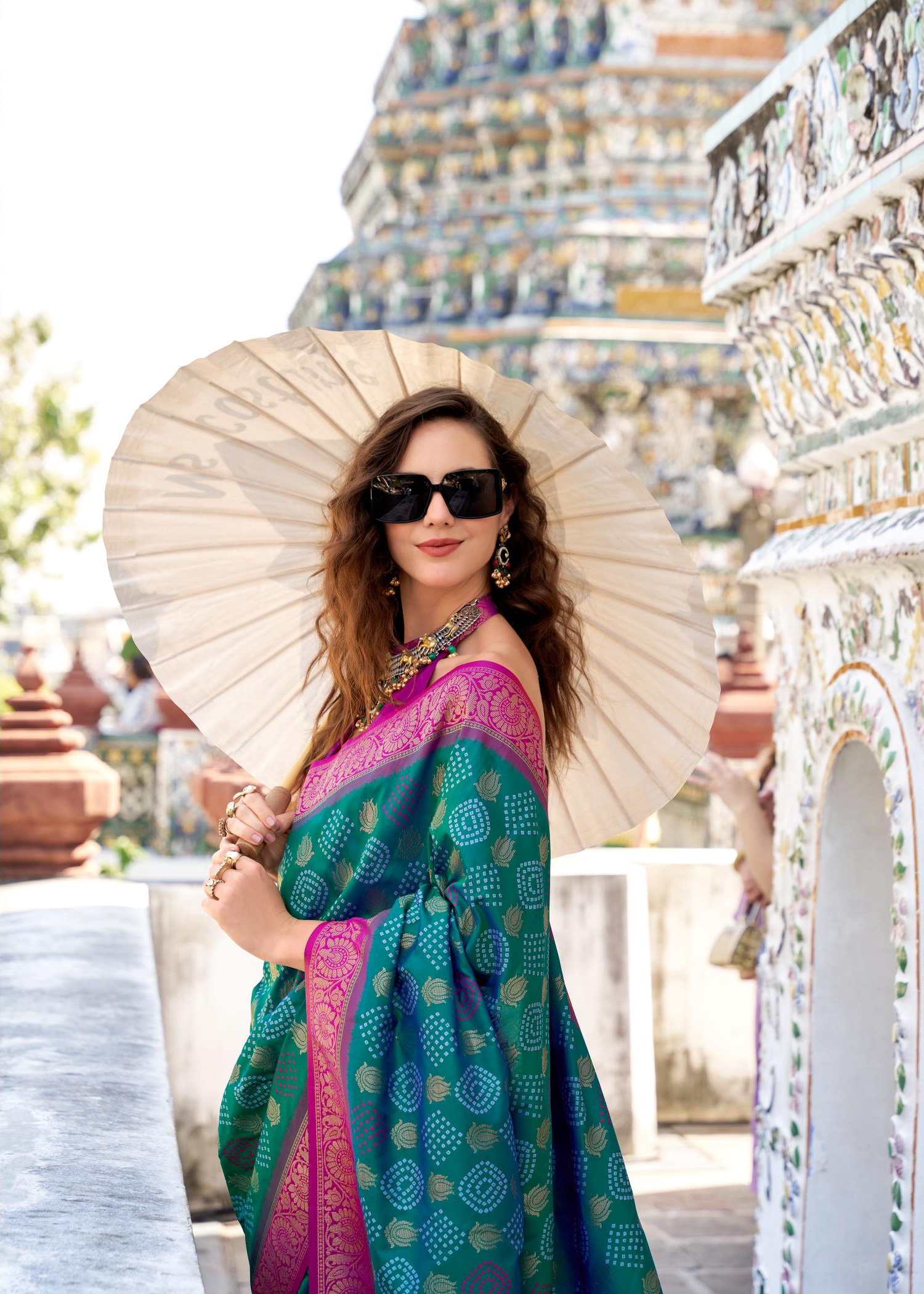 Arohi Green Soft Banarasi Silk Bandhani Weaving Saree