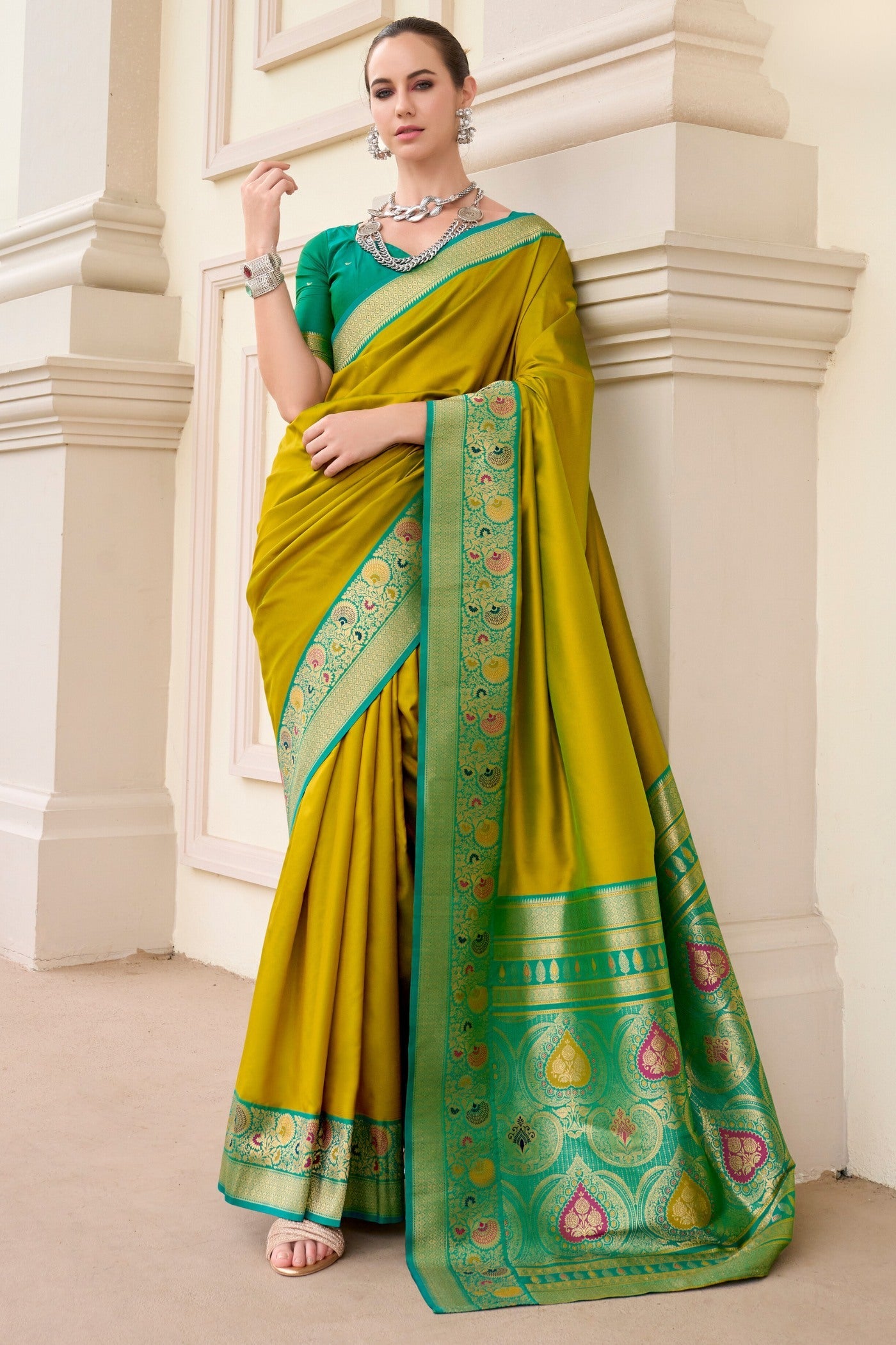 Defender Sag Green Pure Soft Banarasi Silk Weaving  Saree