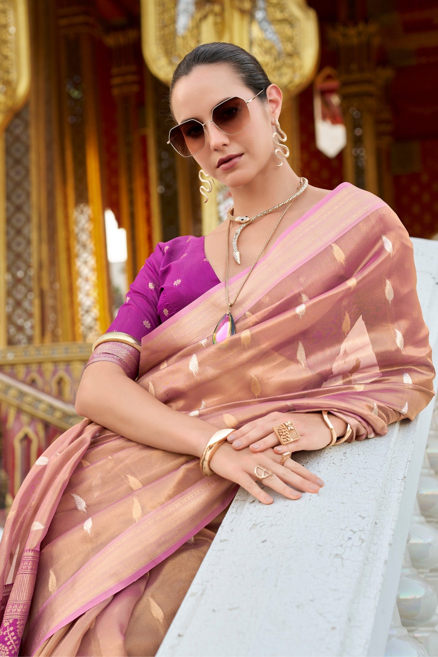 Royal Peach Tissues Silk Zari Booti Woven Saree