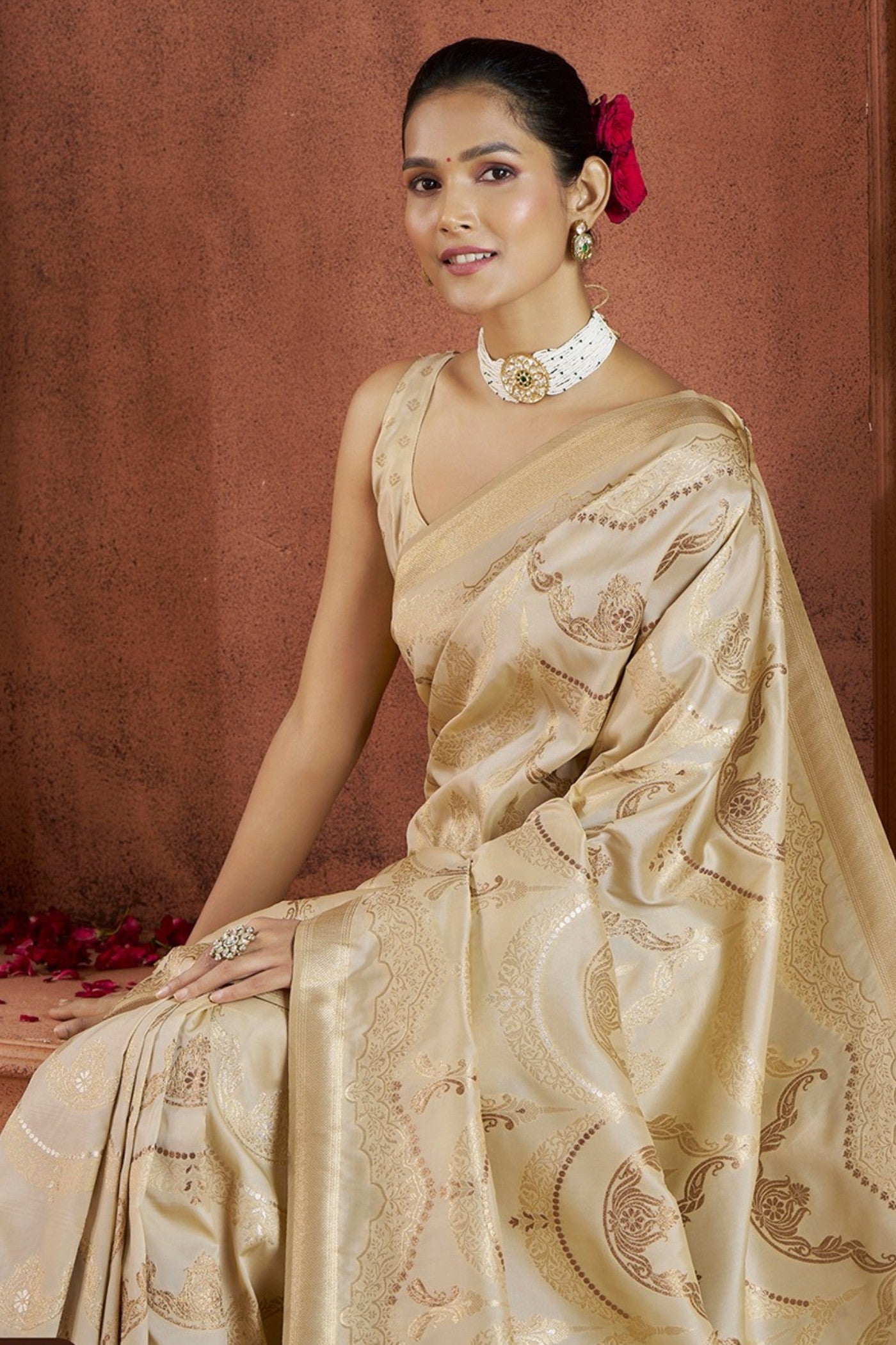 Savitri Cream Pure Soft Banarasi Silk Woven Saree