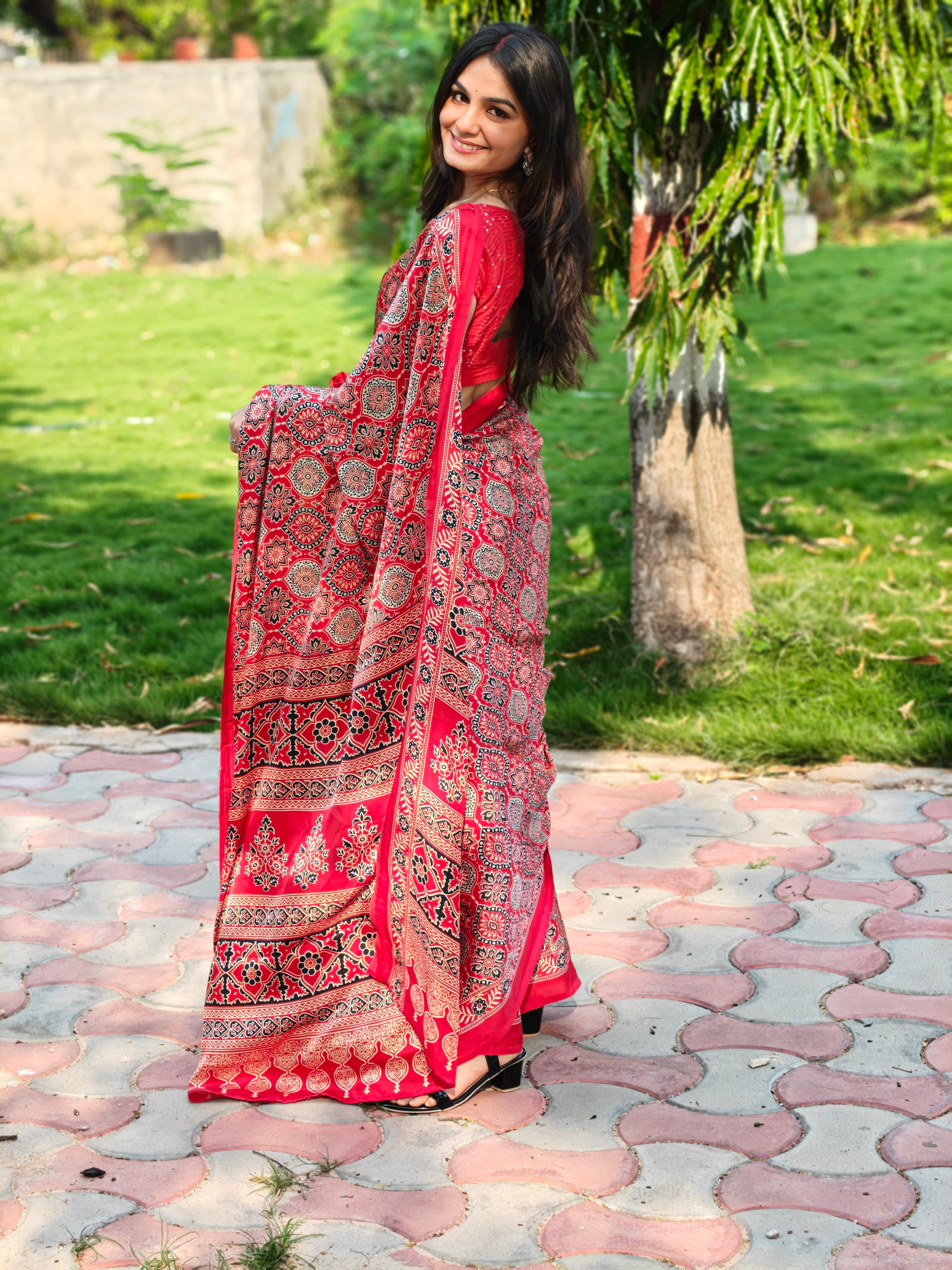 Akruti Maroon Modal Silk Ajrakh Natural Print Saree