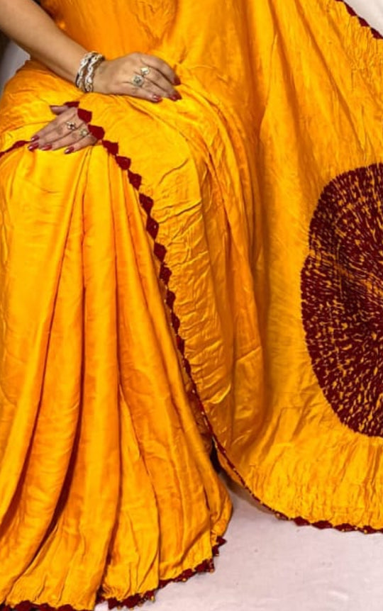 Sunflower Shibori Bandhni Border Pure Modal Silk Plain With Lagdi Pallu Saree