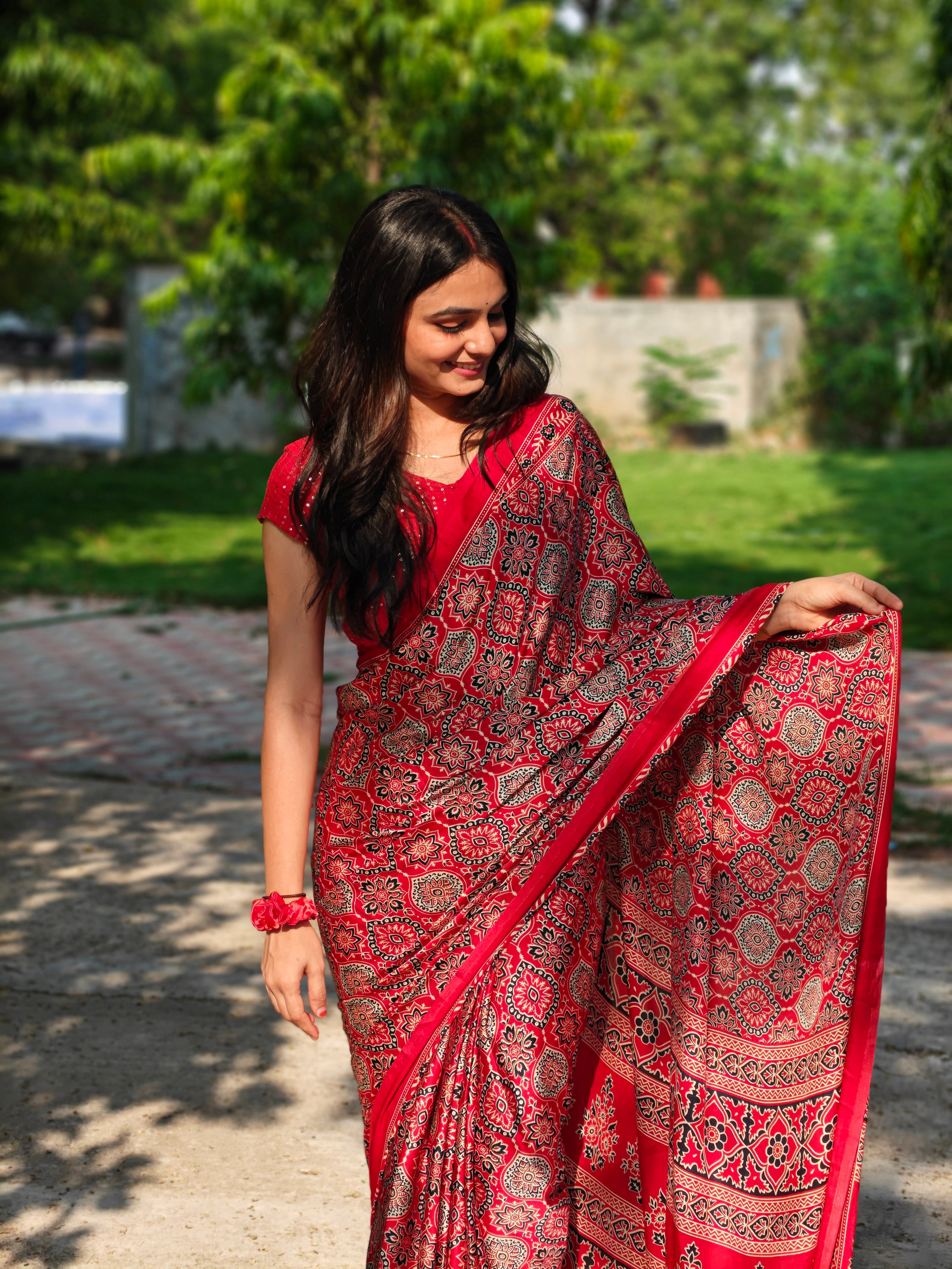 Akruti Maroon Modal Silk Ajrakh Natural Print Saree