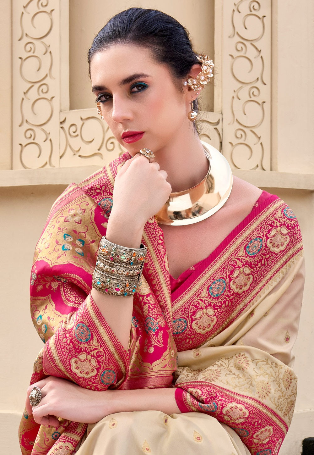 Soudarya Cream Pure Soft Banarasi Silk Waving Saree