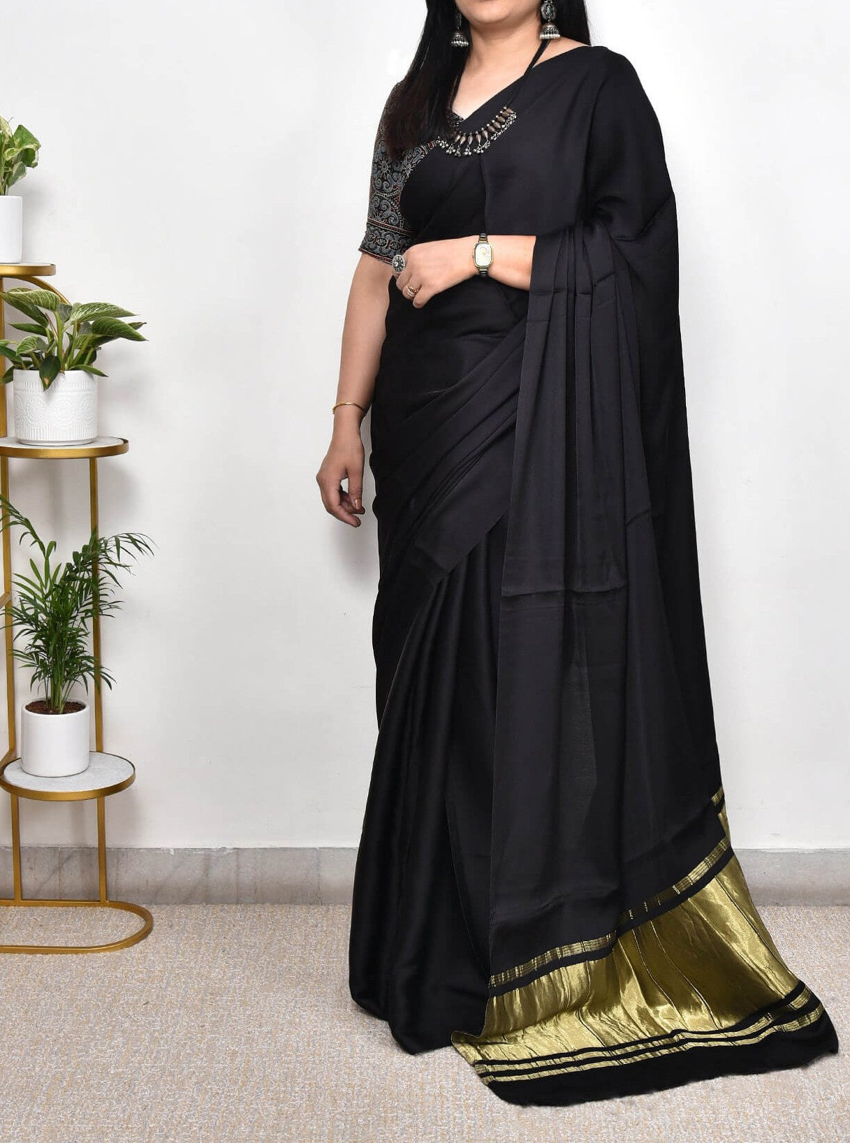 Black Plain Pure Modal Gajji Silk Saree With Zari Pallu Natural dyeing Saree