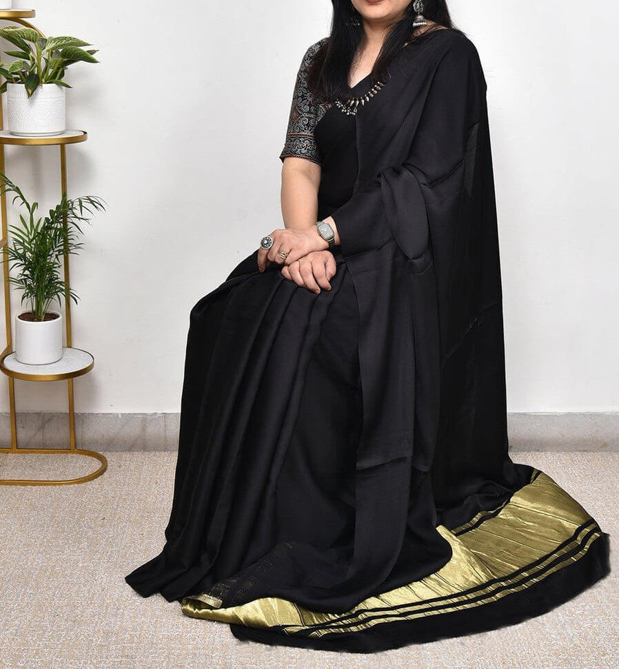 Black Plain Pure Modal Gajji Silk Saree With Zari Pallu Natural dyeing Saree
