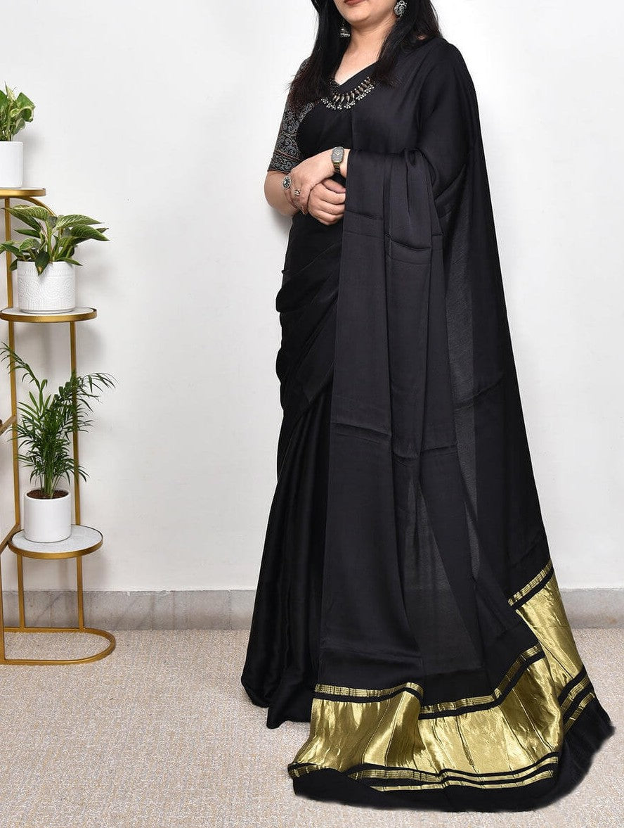 Black Plain Pure Modal Gajji Silk Saree With Zari Pallu Natural dyeing Saree