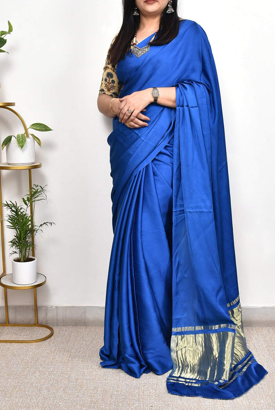 Lapis Blue Plain Pure Modal Gajji Silk Saree With Zari Pallu Natural dyeing Saree