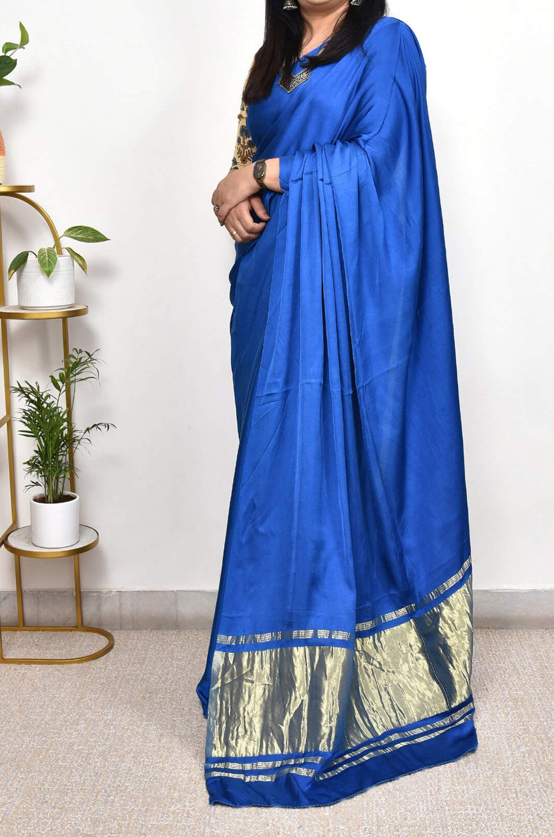 Lapis Blue Plain Pure Modal Gajji Silk Saree With Zari Pallu Natural dyeing Saree