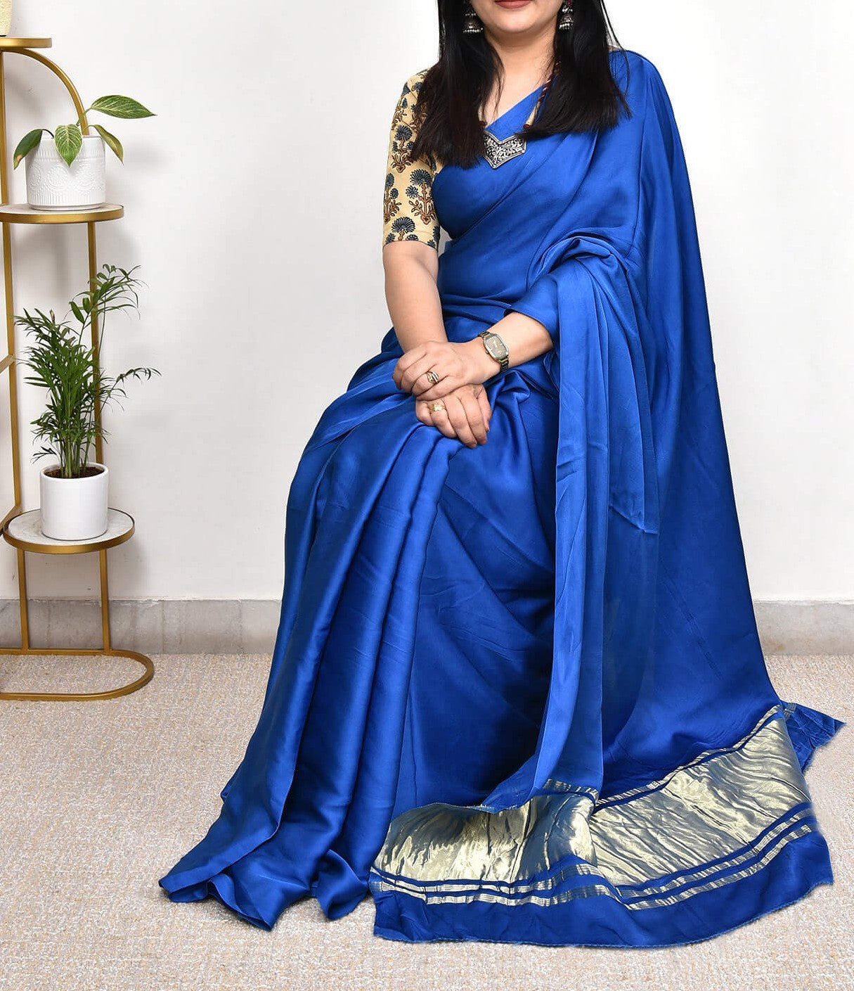 Lapis Blue Plain Pure Modal Gajji Silk Saree With Zari Pallu Natural dyeing Saree