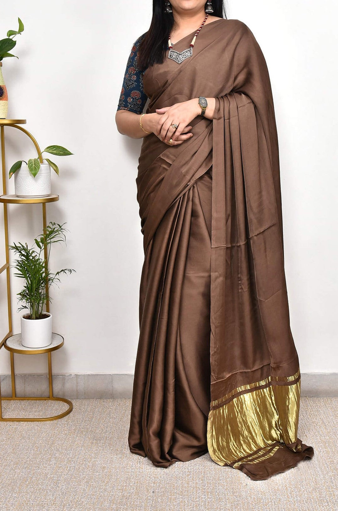 Roman Coffee Plain Pure Modal Gajji Silk Saree With Zari Pallu Natural dyeing Saree