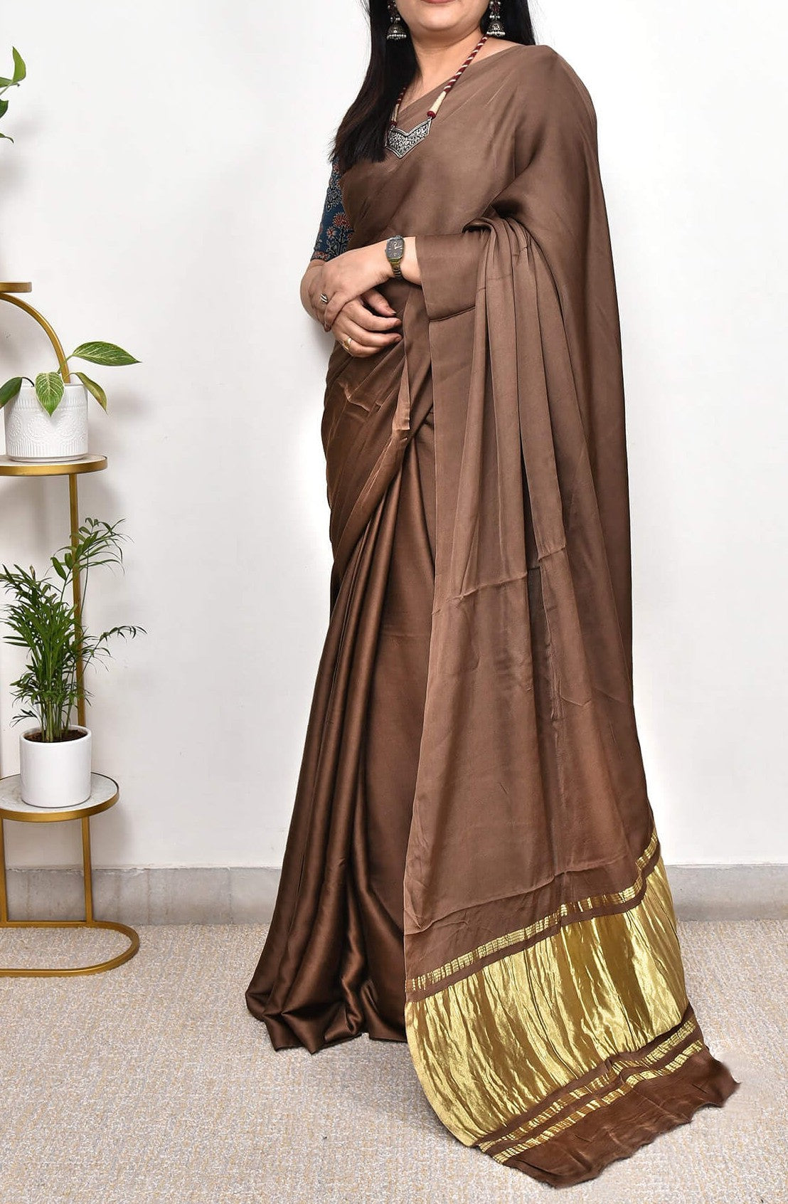 Roman Coffee Plain Pure Modal Gajji Silk Saree With Zari Pallu Natural dyeing Saree
