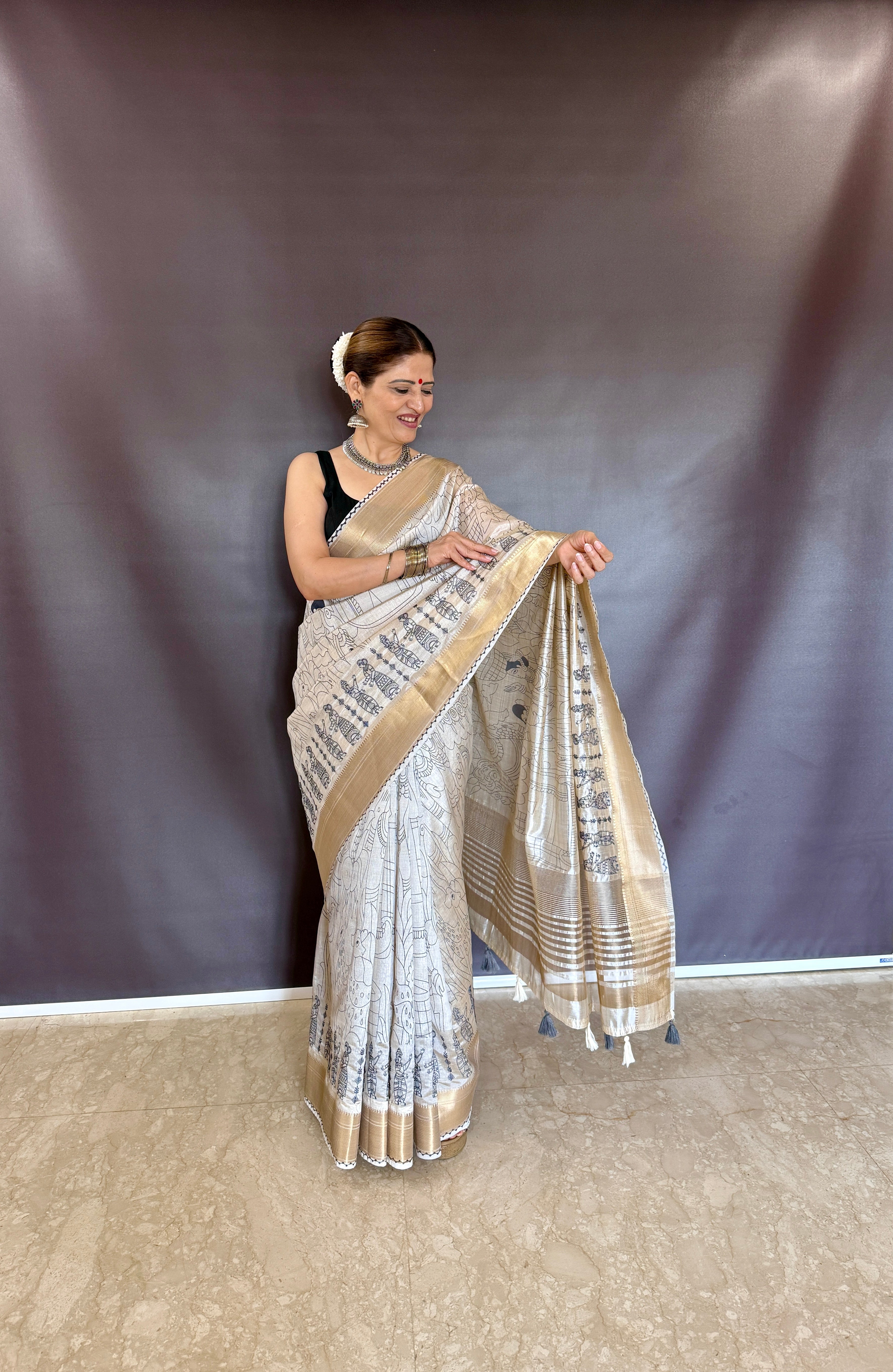 Summer Special Blue Hand Block With Work Linen Silk Saree