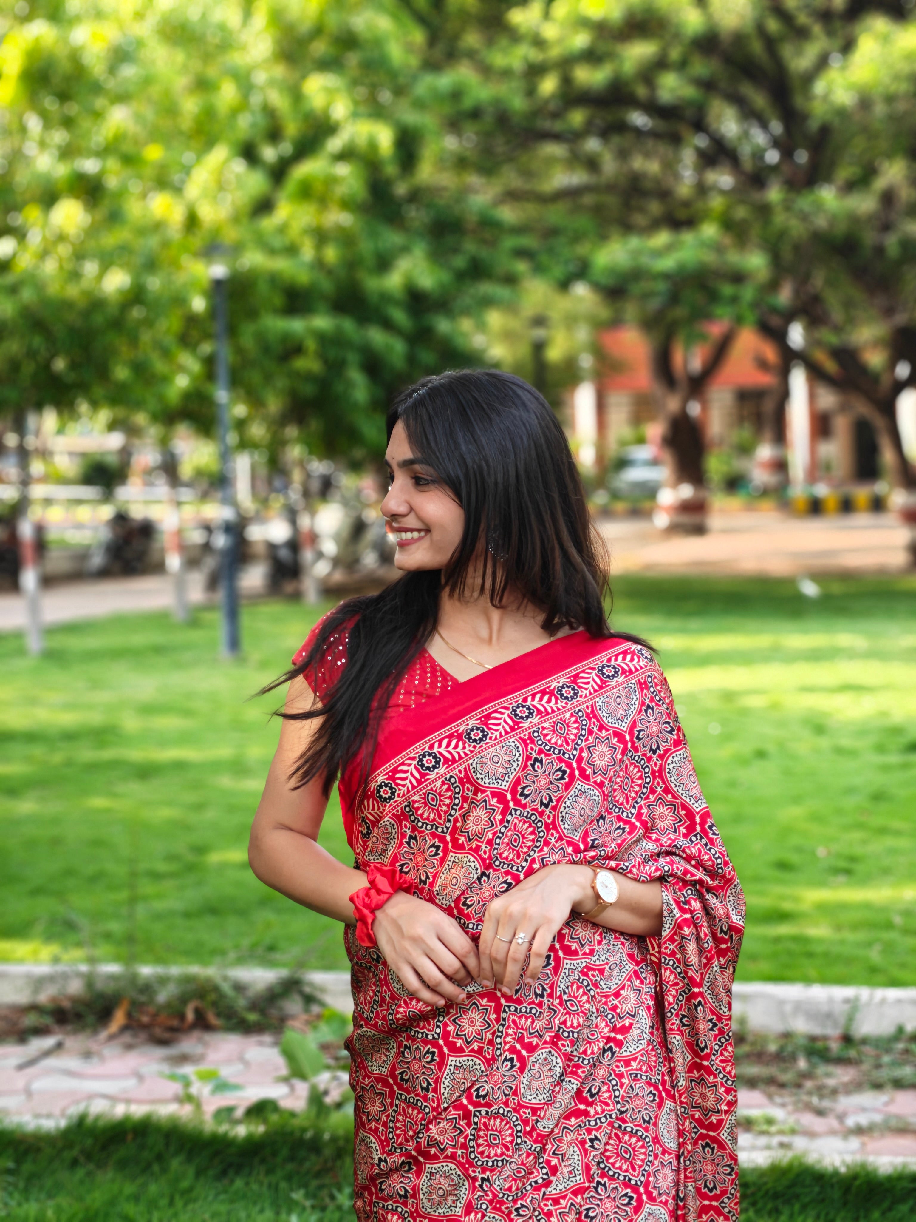 Akruti Maroon Modal Silk Ajrakh Natural Print Saree