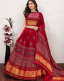 Red Ajrakh Hand Block Pure Modal Silk Lehenga Choli With Lagdi Patta