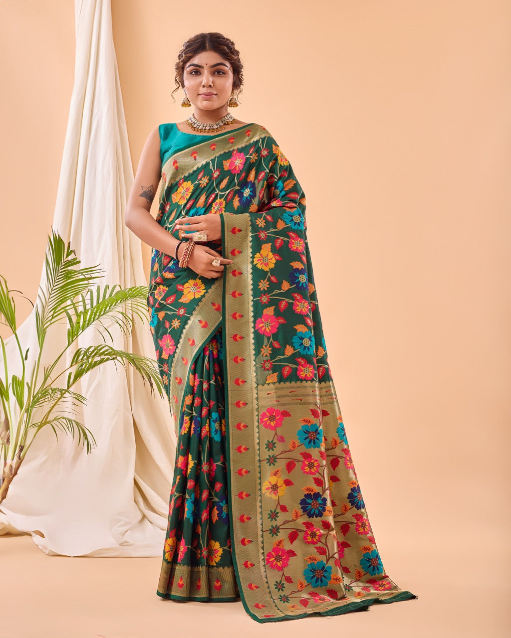 Dark Green Meenakari Pure Paithani Silk Saree