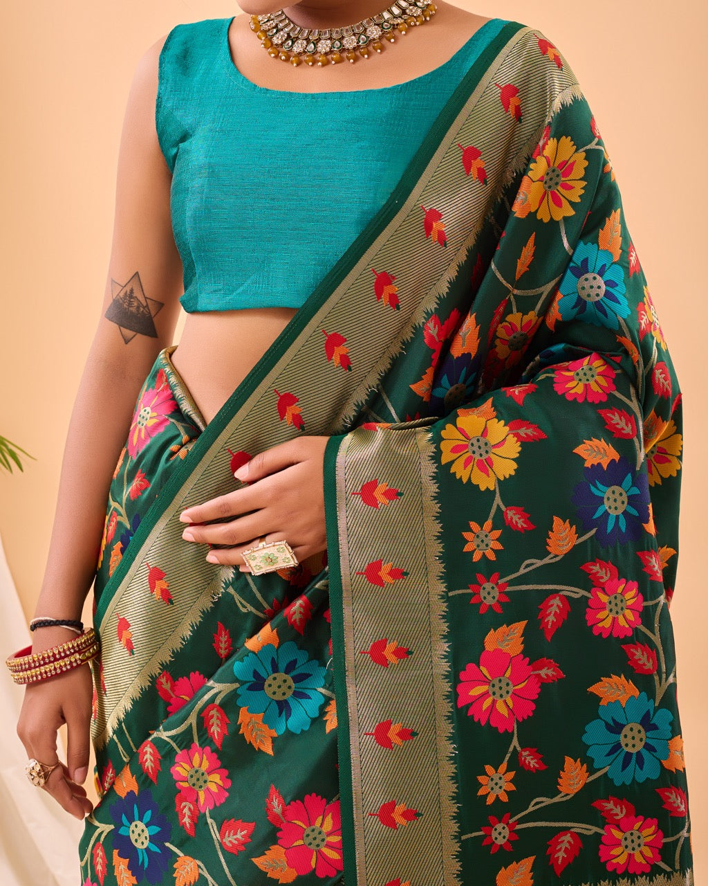 Dark Green Meenakari Pure Paithani Silk Saree