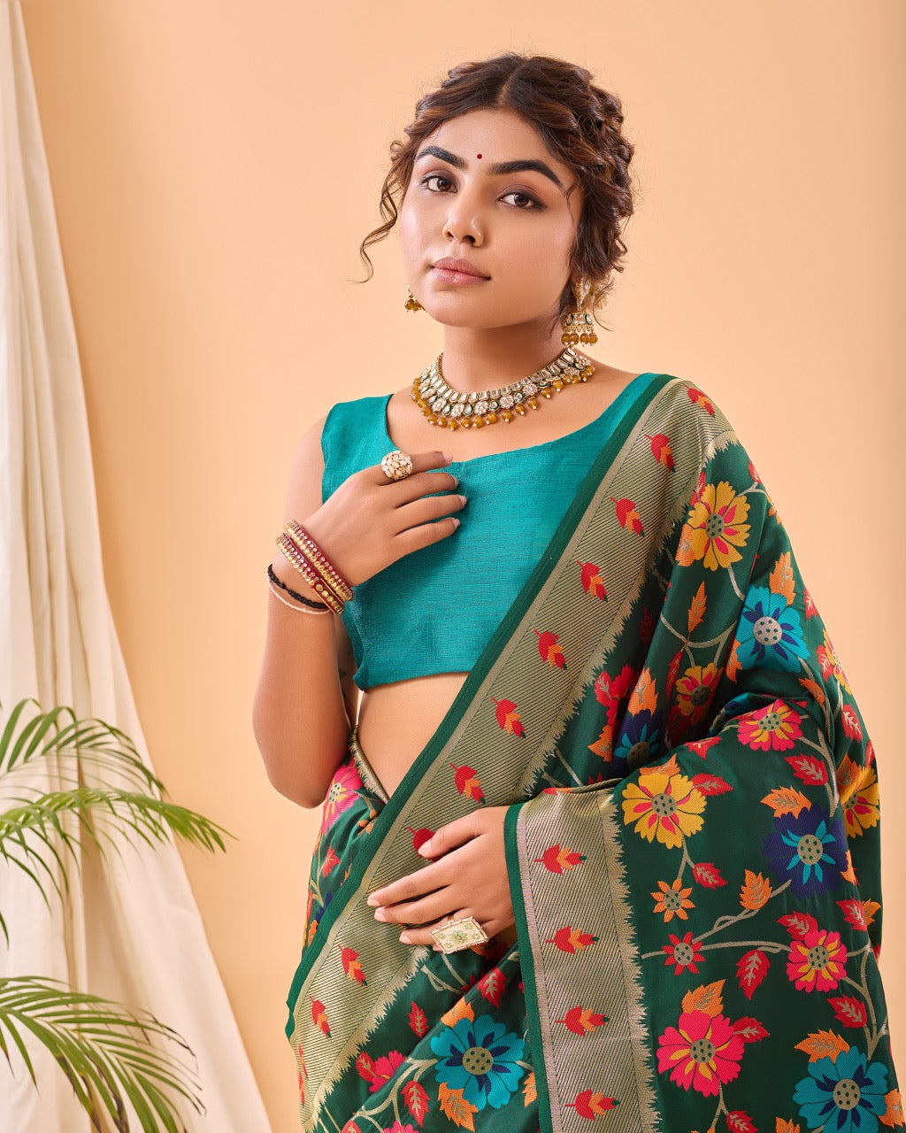 Dark Green Meenakari Pure Paithani Silk Saree