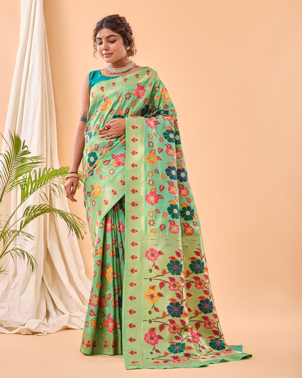 Lime Leaf Meenakari Pure Paithani Silk Saree