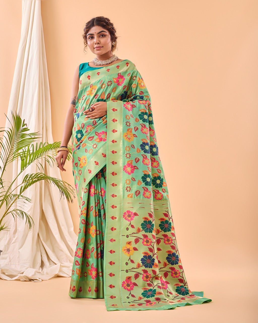 Lime Leaf Meenakari Pure Paithani Silk Saree