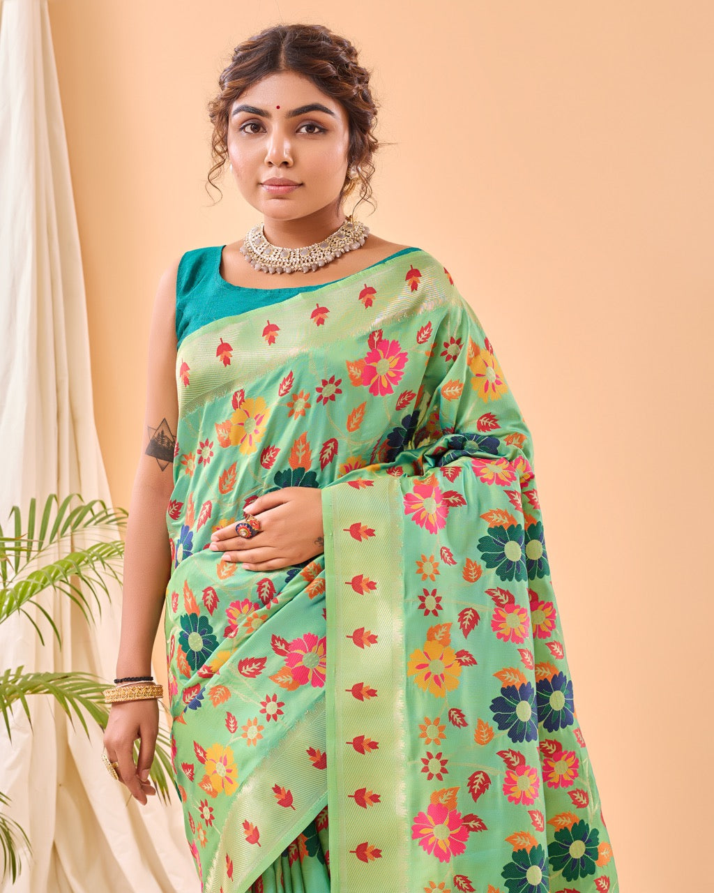 Lime Leaf Meenakari Pure Paithani Silk Saree