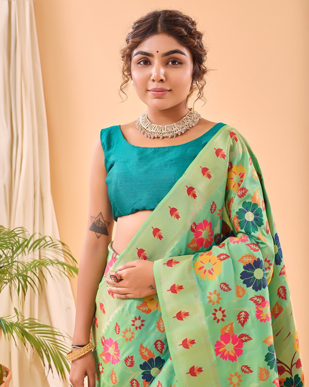 Lime Leaf Meenakari Pure Paithani Silk Saree
