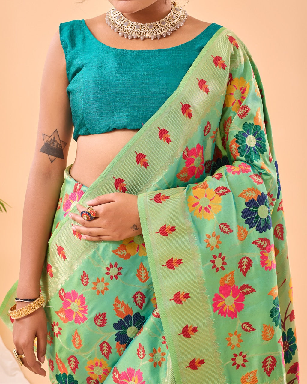 Lime Leaf Meenakari Pure Paithani Silk Saree