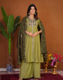 Camel Green Roman Silk Embroidery Thread With Hand Work Plazzo Set
