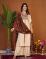 Cream Roman Silk Embroidery Thread With Hand Work Plazzo Set