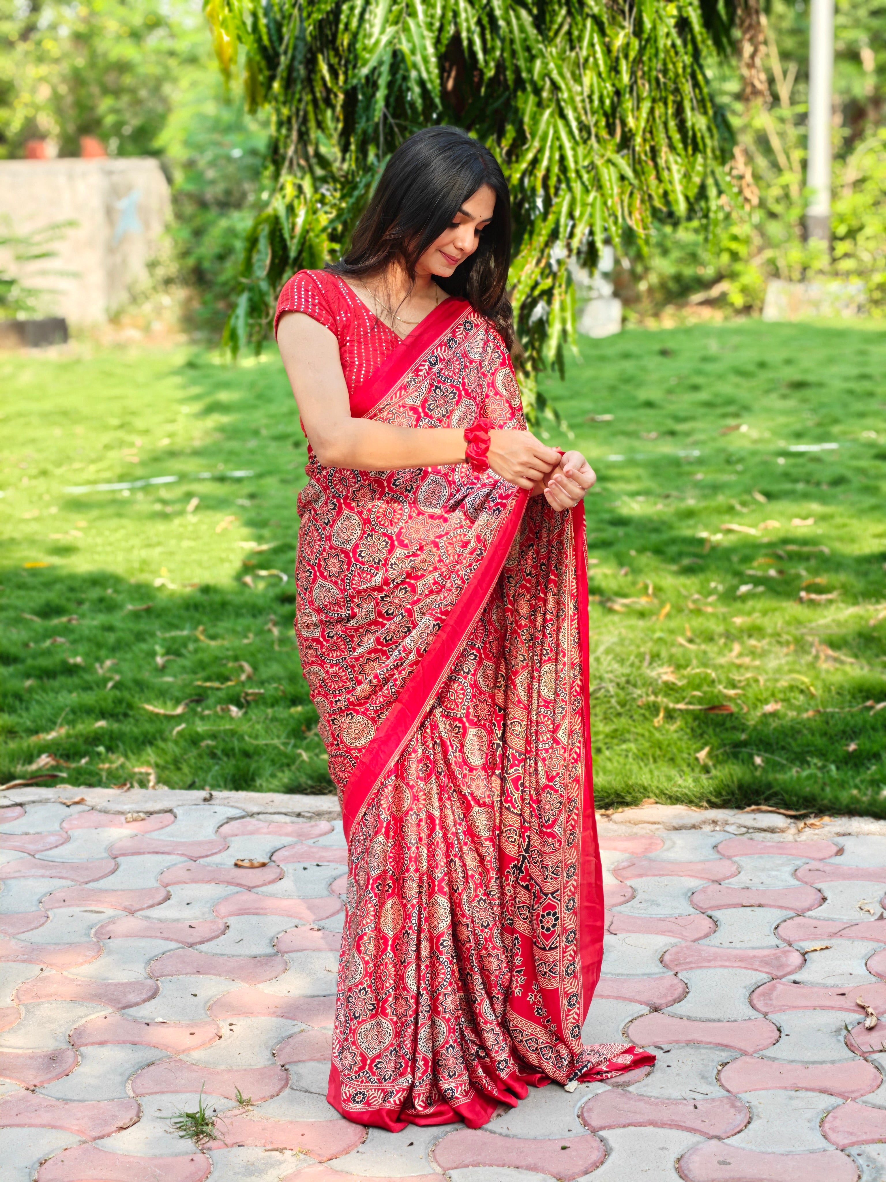 Akruti Maroon Modal Silk Ajrakh Natural Print Saree