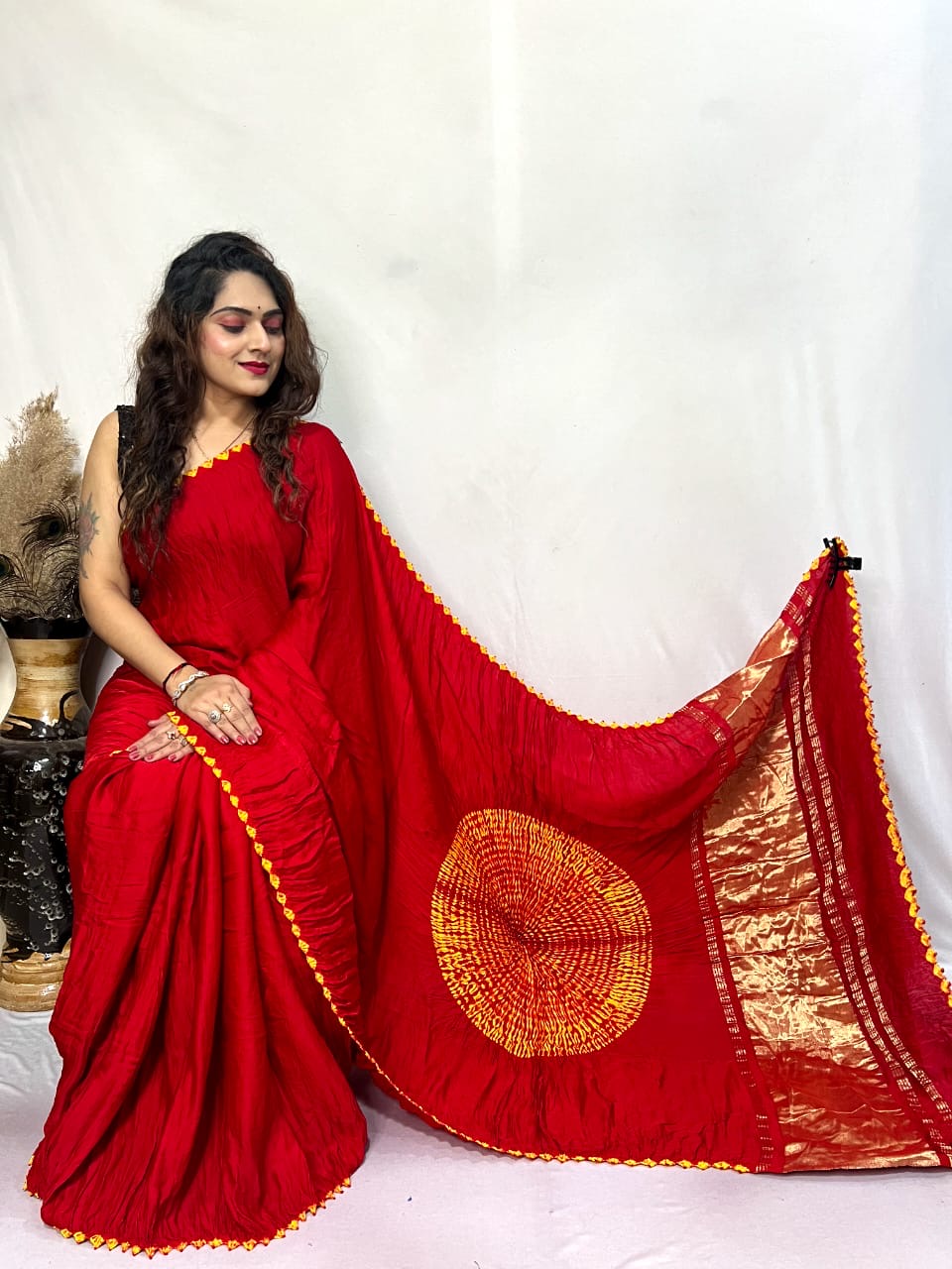 Maroon Shibori Bandhni Border Pure Modal Silk Plain With Lagdi Pallu Saree