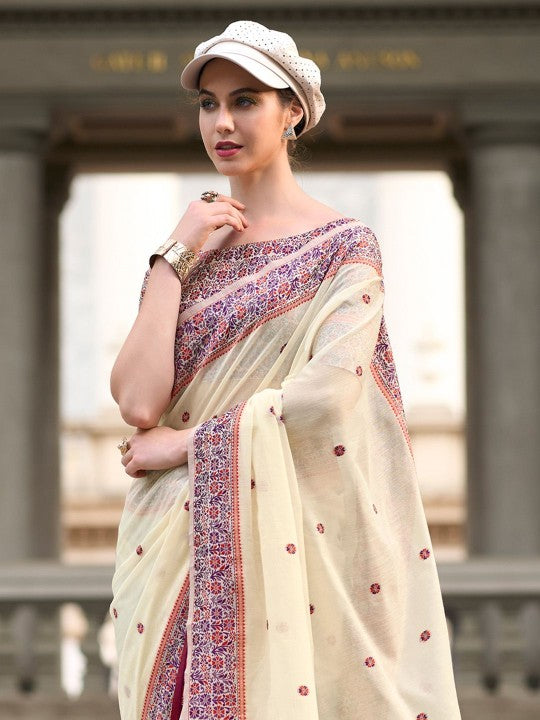 Prajanya White Pure Linen Silk Woven Saree