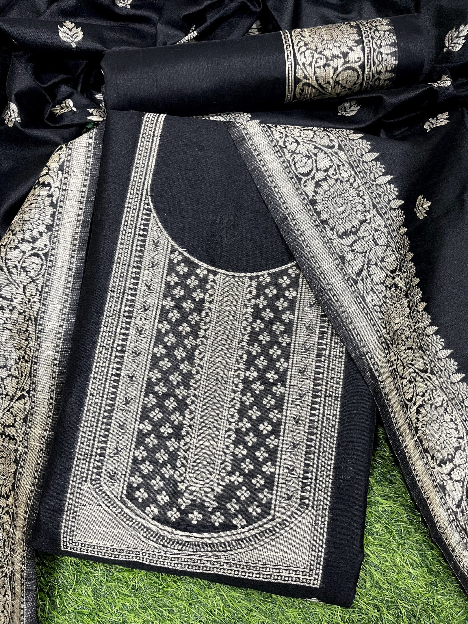 Black Handloom Raw Silk Warli Work Unstitched 3pis Dress Material