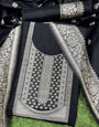 Black Handloom Raw Silk Warli Work Unstitched 3pis Dress Material