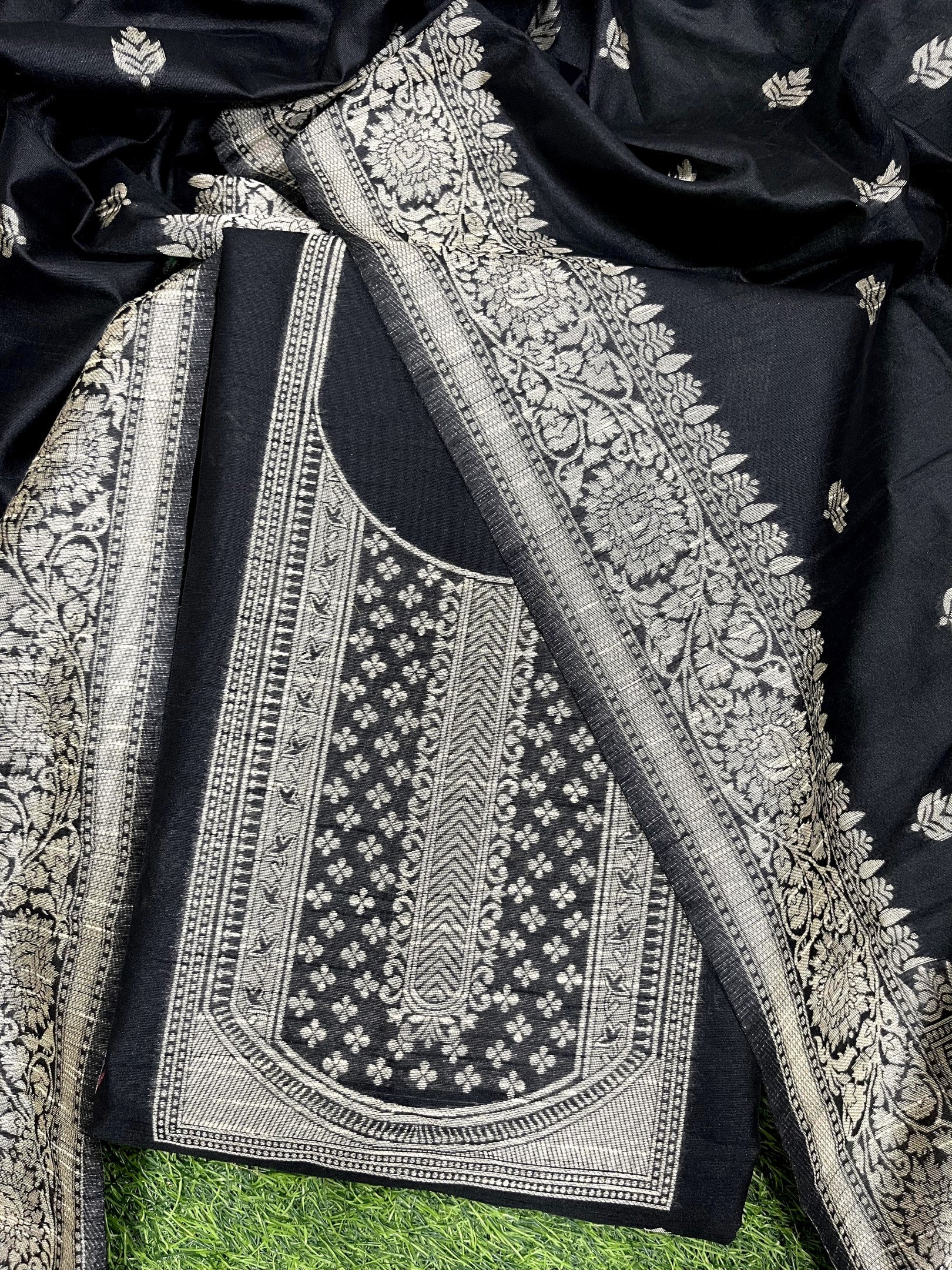 Black Handloom Raw Silk Warli Work Unstitched 3pis Dress Material