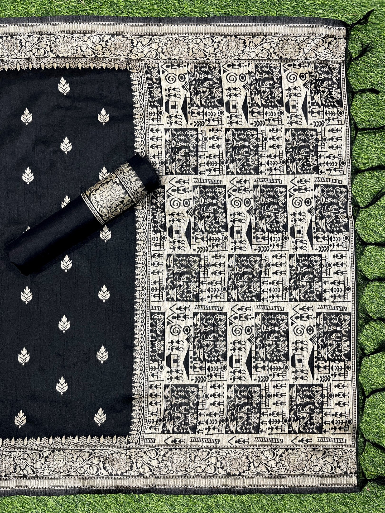 Black Handloom Raw Silk Warli Work Unstitched 3pis Dress Material