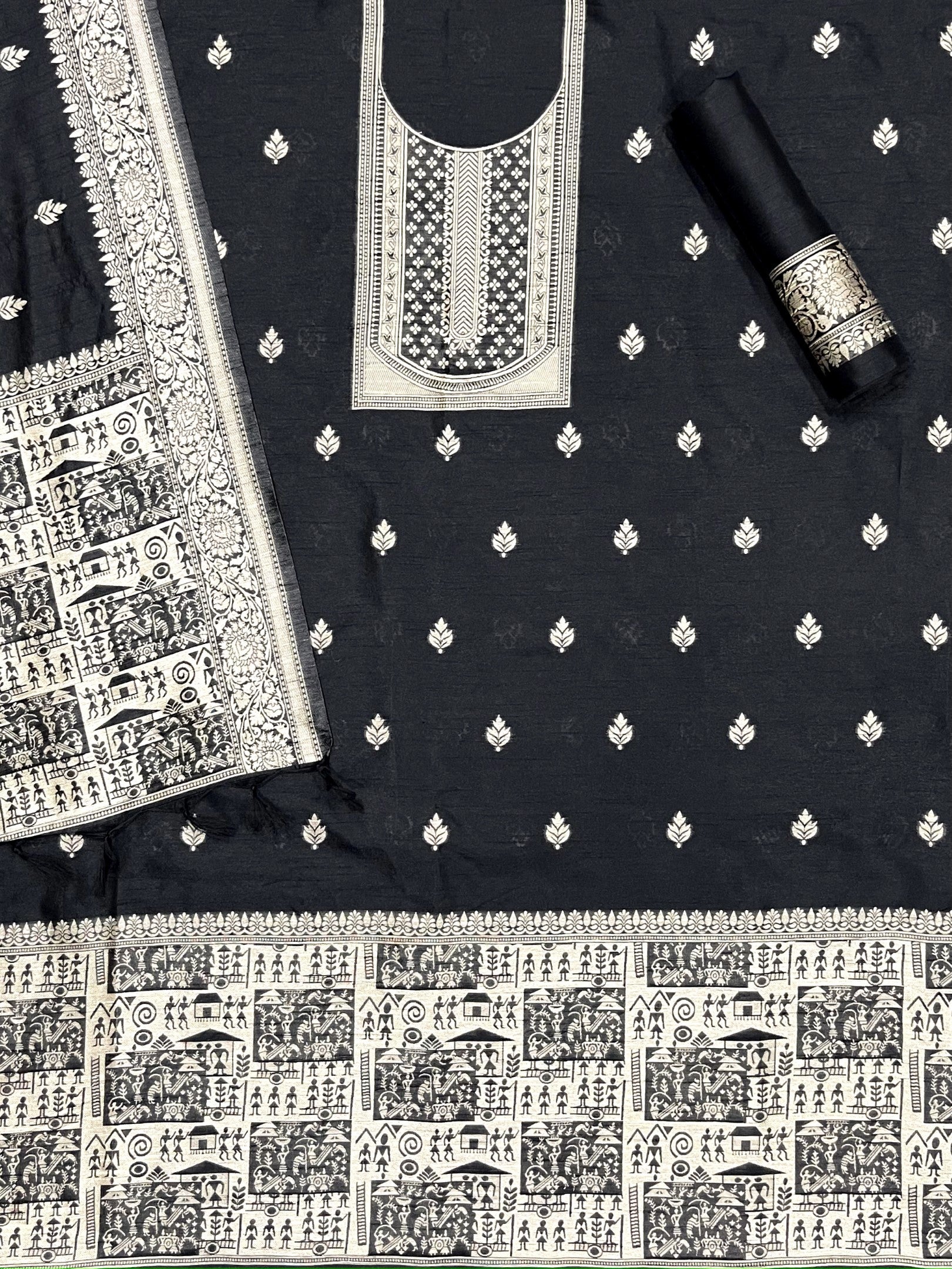 Black Handloom Raw Silk Warli Work Unstitched 3pis Dress Material
