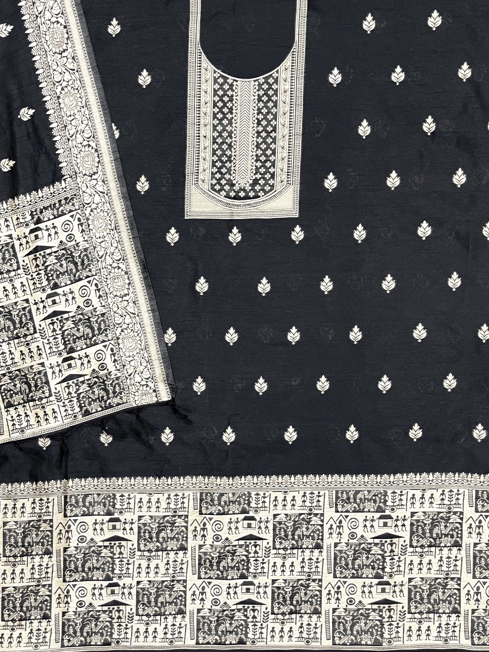 Black Handloom Raw Silk Warli Work Unstitched 3pis Dress Material