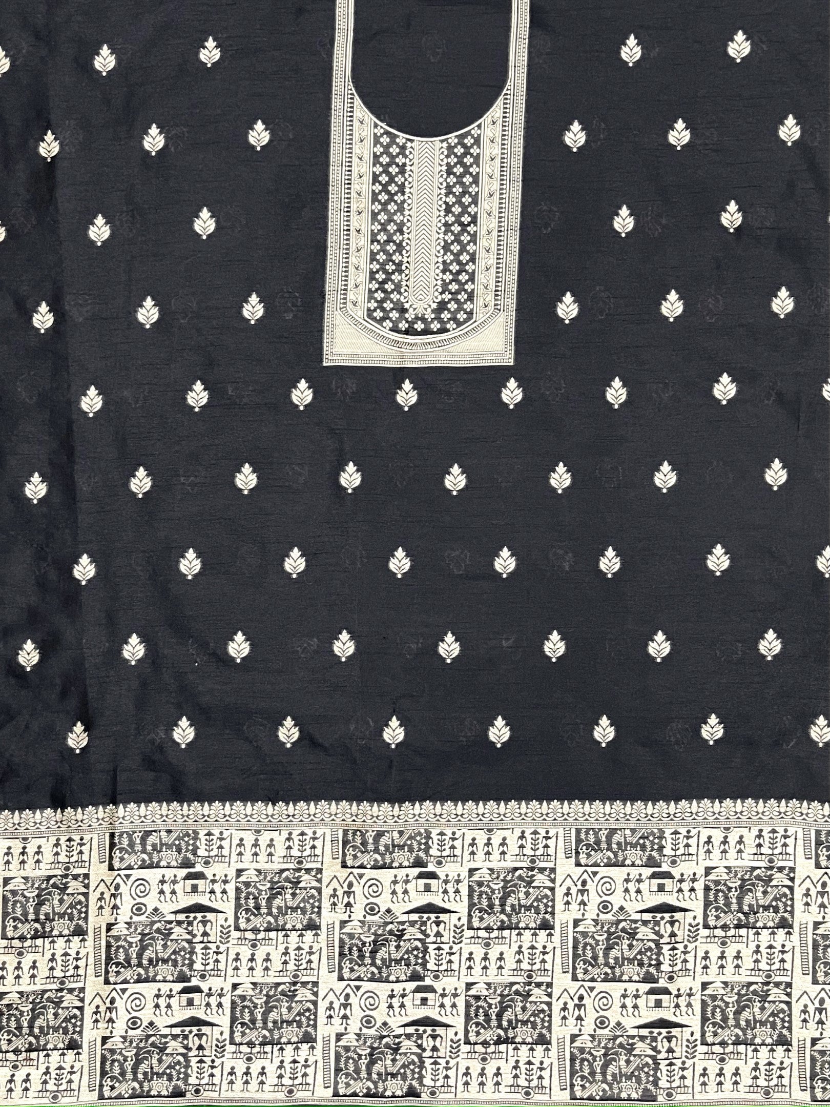 Black Handloom Raw Silk Warli Work Unstitched 3pis Dress Material